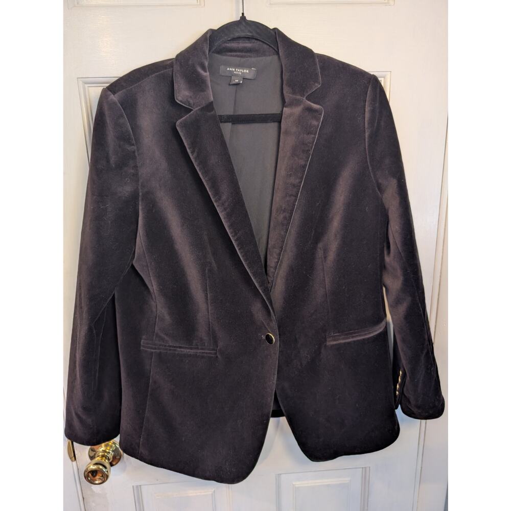 Anne Taylor Black Cotton Blend Velvet Blazer Size 14 Pitite